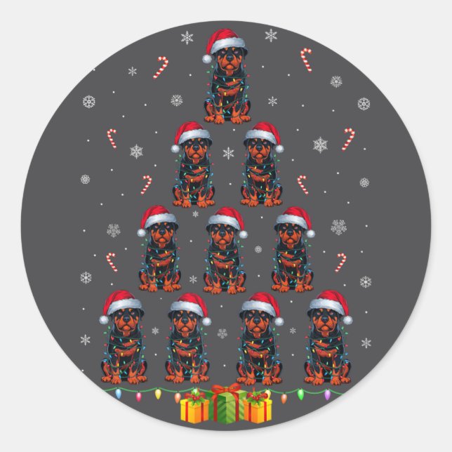 Pegatina Redonda Rottweiler Dog Santa Hat Xmas Light Men Chris (Anverso)
