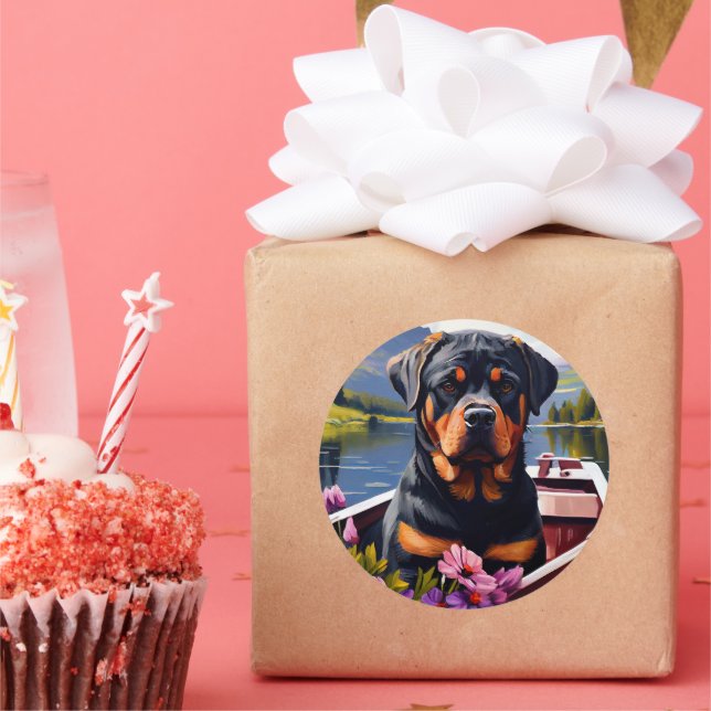 Pegatina Redonda Rottweiler sobre un pádel: una aventura escénica (Fiesta)