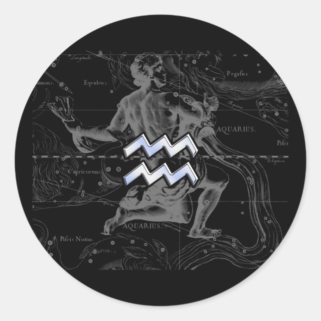 Pegatina Redonda Rótulo cromado como Aquarius Zodiac en Hevelius (Anverso)
