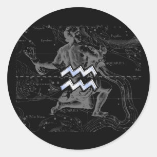 Pegatina Redonda Rótulo cromado como Aquarius Zodiac en Hevelius