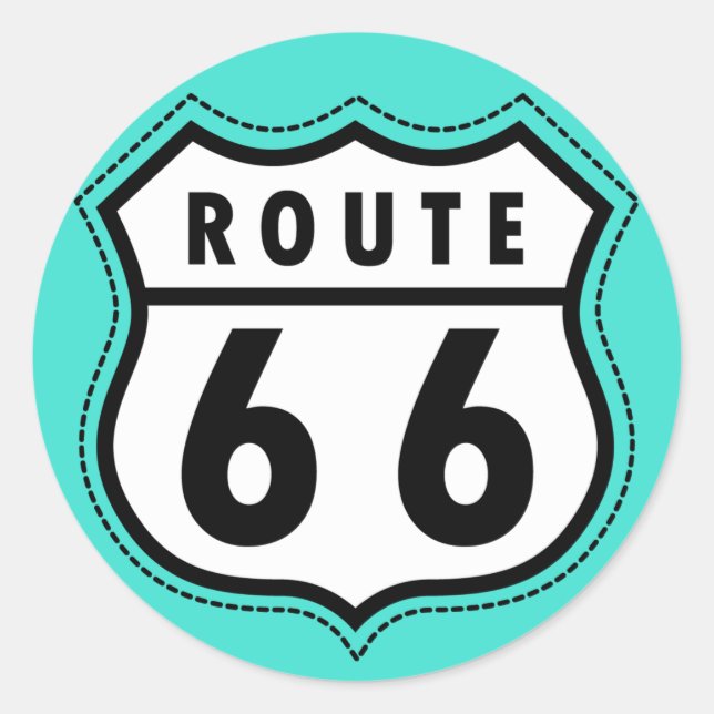 Pegatina Redonda Rótulo de carretera Turquesa, Azul-Verde Ruta 66 (Anverso)