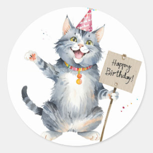 Pegatina Redonda Rótulo de cumpleaños de gato gris lindo - Cumpleañ