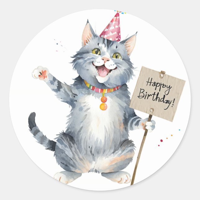 Pegatina Redonda Rótulo de cumpleaños de gato gris lindo - Cumpleañ (Anverso)