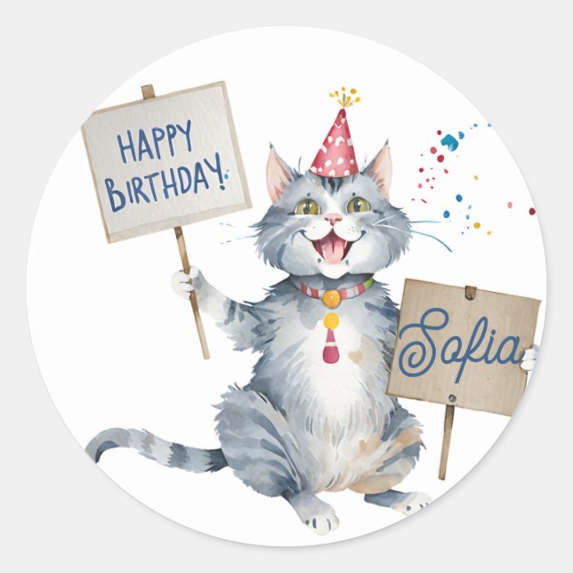 Pegatina Redonda Rótulo de cumpleaños de gatos grises - Cumpleaños  (Anverso)