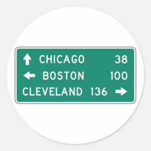 Pegatina Redonda Rótulo de la Autopista Chicago Boston Cleveland
