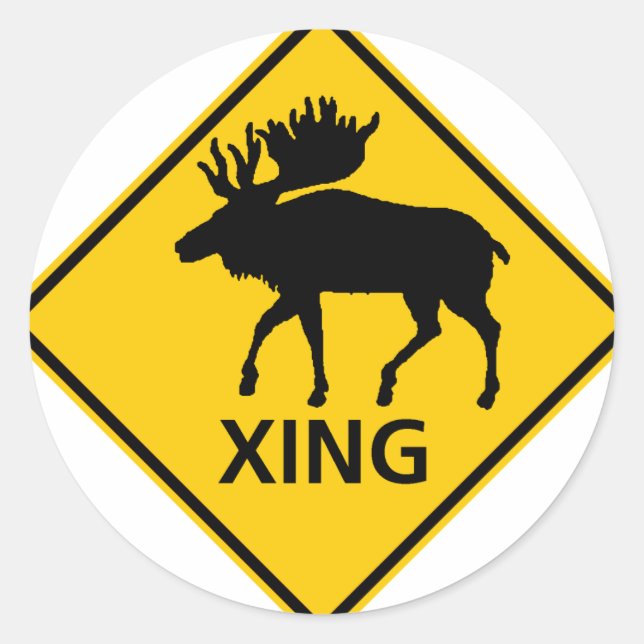 Pegatina Redonda Rótulo de la autopista Moose Crossing (Anverso)
