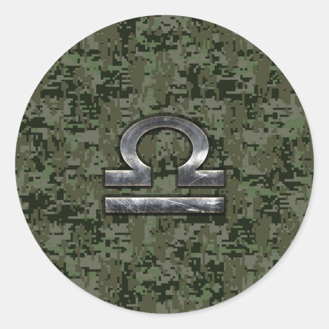 Pegatina Redonda Rótulo Libra Zodiac en camo digital Woodland Green (Anverso)