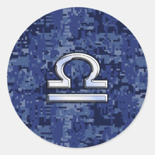Pegatina Redonda Rótulo Libra Zodiac en camuflaje digital azul