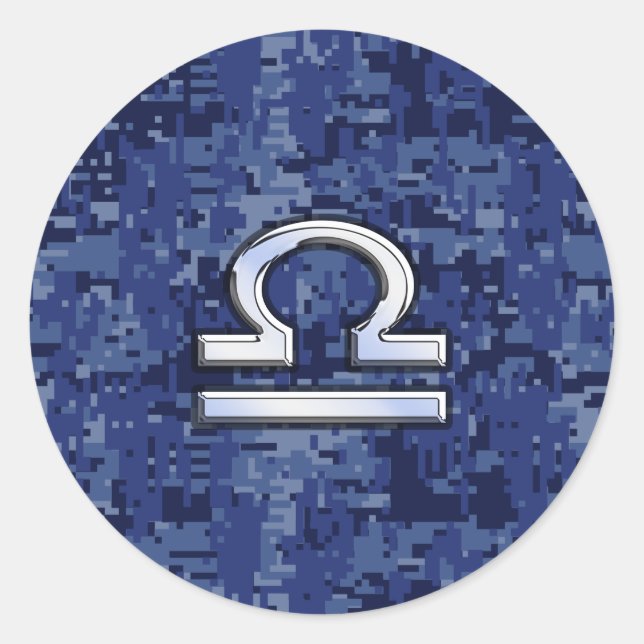 Pegatina Redonda Rótulo Libra Zodiac en camuflaje digital azul (Anverso)