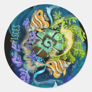 Pegatina Redonda Rótulo Pisces Zodiac