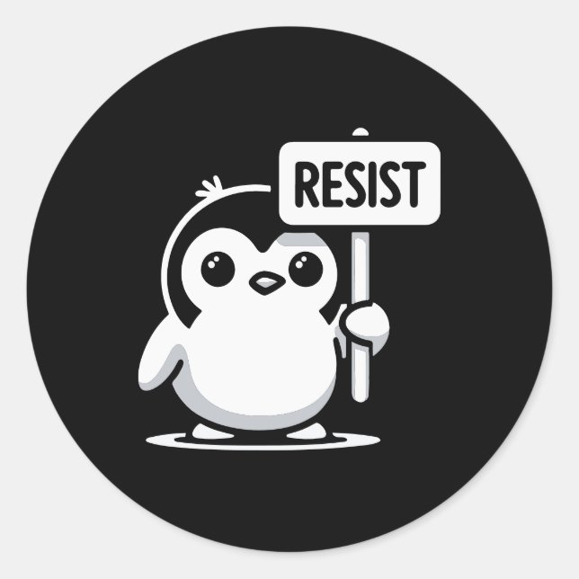 Pegatina Redonda Rótulo "RESIST" del personalizado Pingüino - B & W (Anverso)
