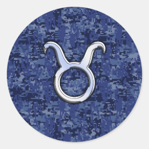 Pegatina Redonda Rótulo Taurus Zodiac en camuflaje digital azul de