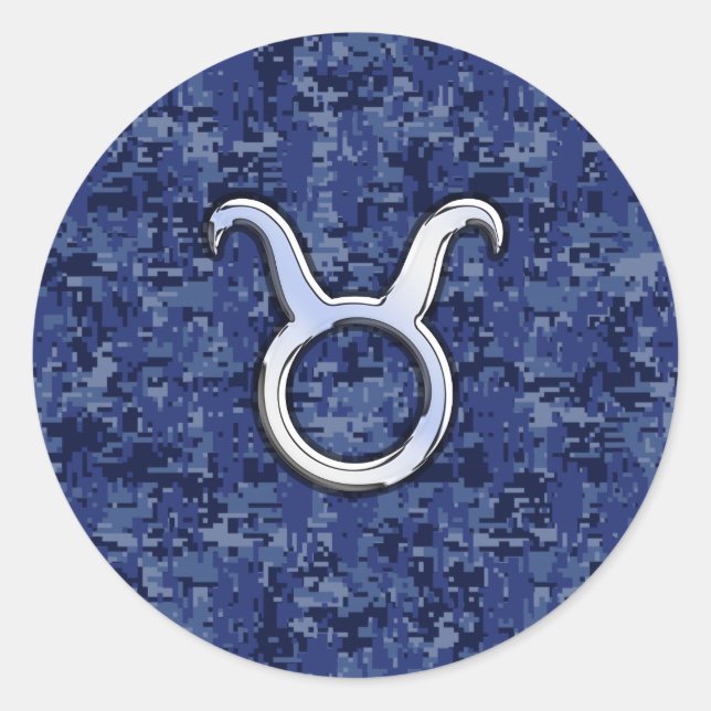 Pegatina Redonda Rótulo Taurus Zodiac en camuflaje digital azul de  (Anverso)