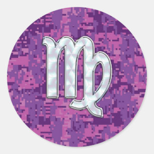 Pegatina Redonda Rótulo Virgo Zodiac en camuflaje digital rosado
