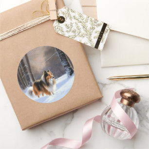 Pegatina Redonda Rough Collie Deja Que Nieva Navidades