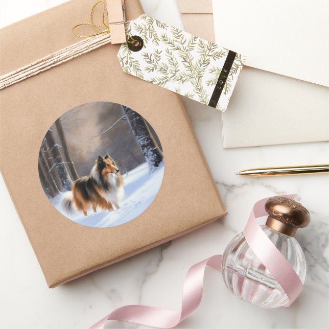 Pegatina Redonda Rough Collie Deja que nieve Navidad (Regalar)