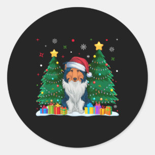 Pegatina Redonda Rough Collie Dog Amantes de Santa Hat Feo Navidade