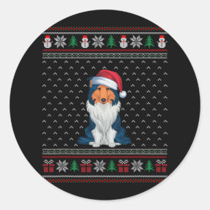 Pegatina Redonda Rough Collie Dog Con Santa Hat Perro Noche Feo L