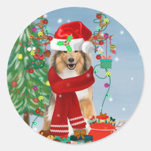 Pegatina Redonda Rough Collie Dog in Snow Navidades