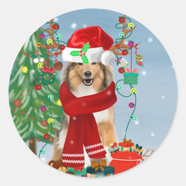 Pegatina Redonda Rough Collie Dog in Snow Navidades (Anverso)