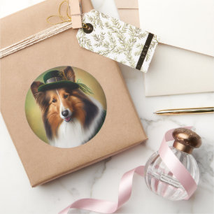Pegatina Redonda Rough Collie Dog in St. Patrick's Day Vress