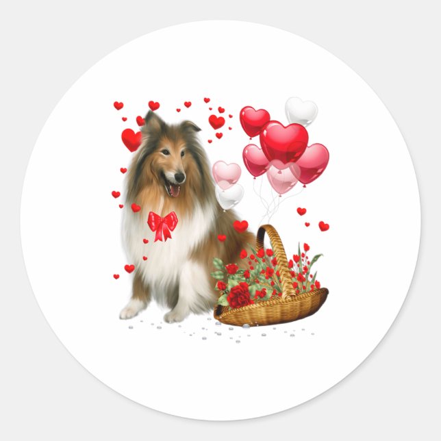Pegatina Redonda Rough Collie Heart Balloon Happy Valentine Day Dog (Anverso)