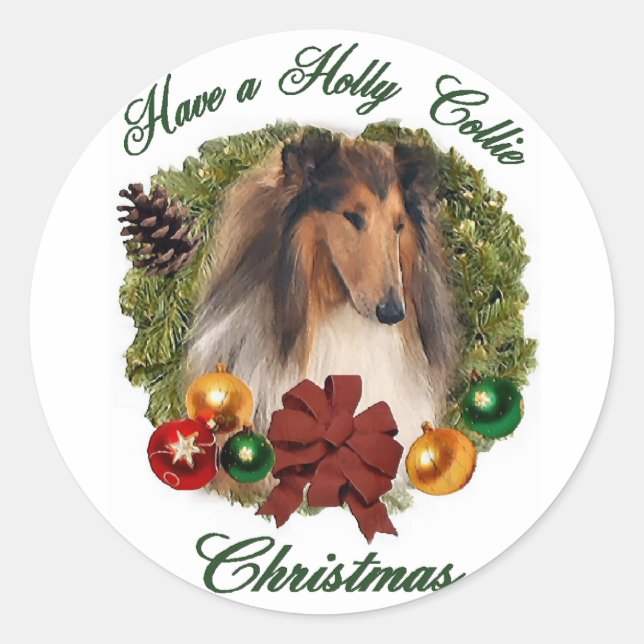 Pegatina Redonda Rough Collie Navidades Regalos (Anverso)