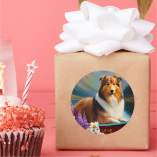 Pegatina Redonda Rough Collie on a Paddle: Una aventura panorámica