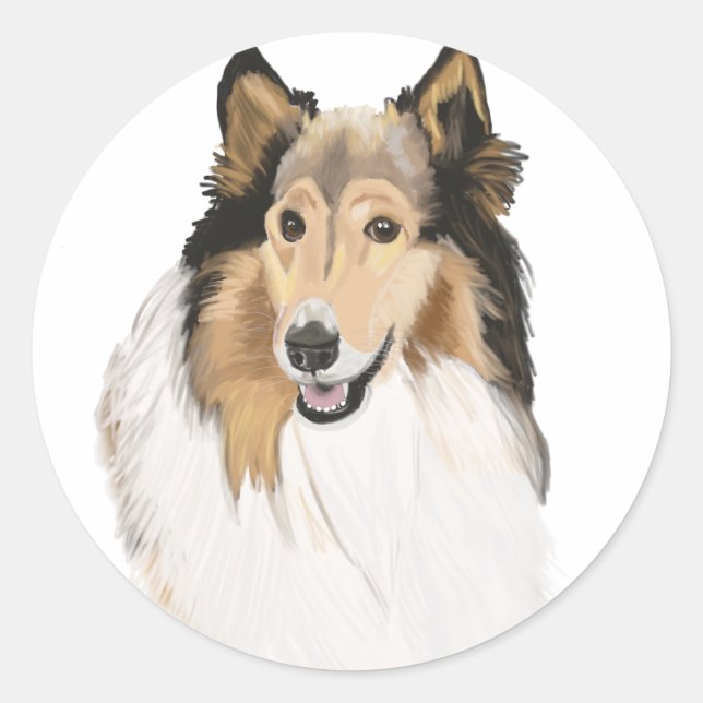 Pegatina Redonda Rough Collie, retrato de Collie, largamente enterr (Anverso)