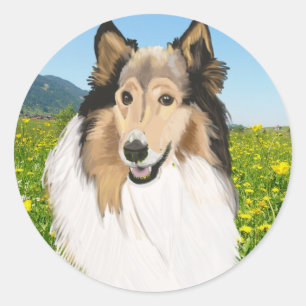 Pegatina Redonda Rough Collie, retrato de Collie, largamente enterr