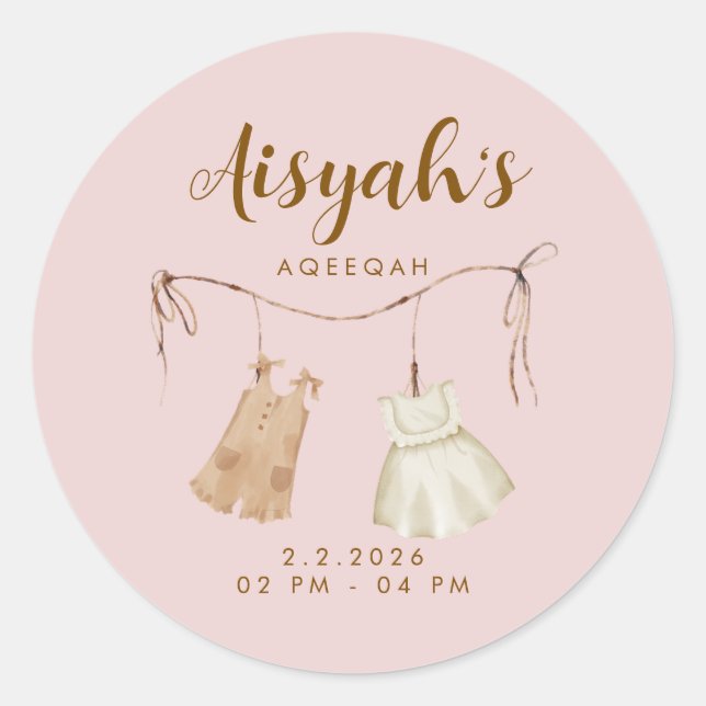 Pegatina Redonda Round Pink Gold Aqiqah Favor Stickers (Anverso)