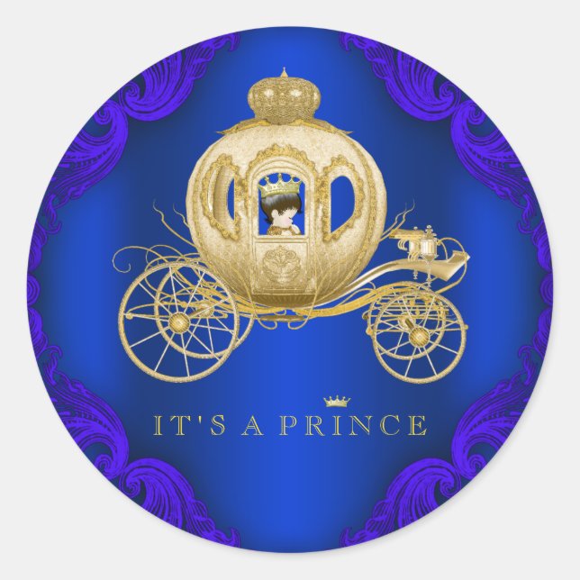 Pegatina Redonda Royal Blue and Gold Carriles Prince Baby Shower (Anverso)