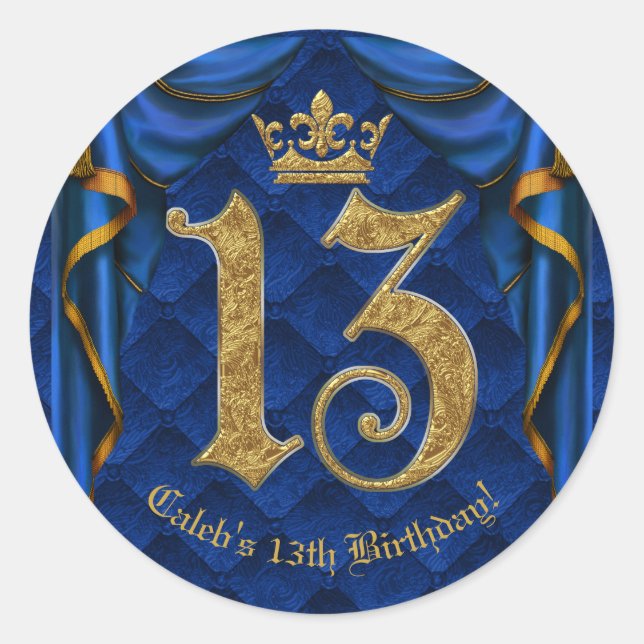 Pegatina Redonda Royal Blue & Gold Crown 13 13th Birthday Party (Anverso)
