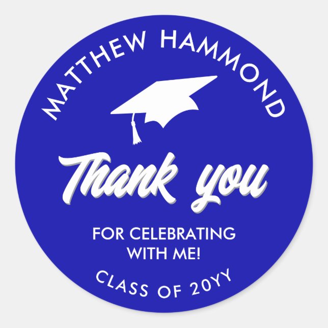 Pegatina Redonda Royal Blue Graduating Class Thank You Grad Cap (Anverso)