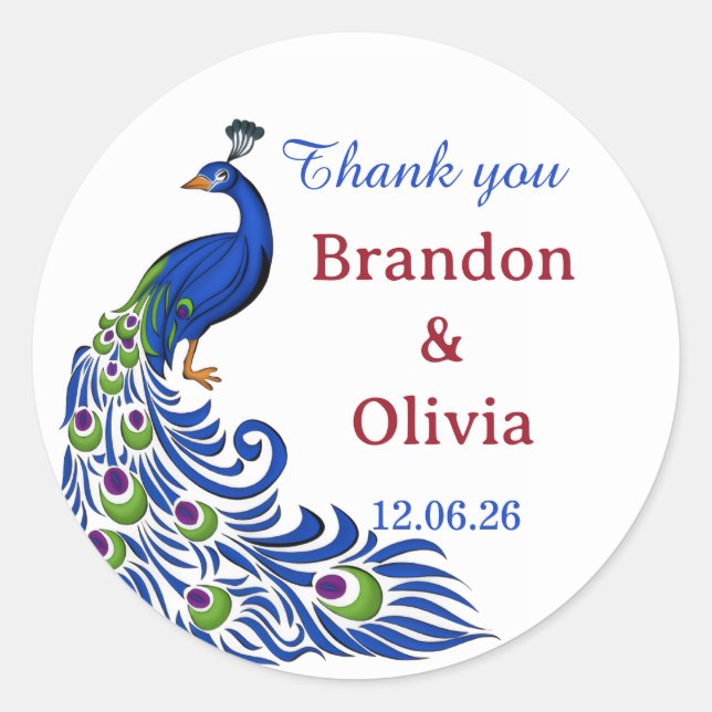 Pegatina Redonda Royal Blue Peacock Wedding Stickers & Labels (Anverso)
