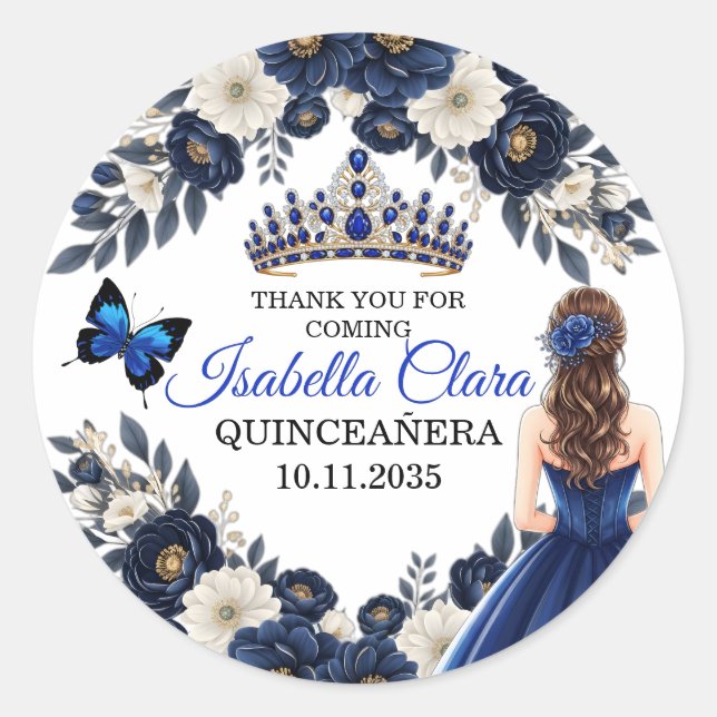 Pegatina Redonda Royal Blue Quinceañera Butterfly Favor Sticker (Anverso)