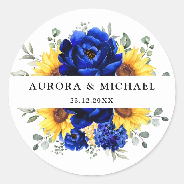 Pegatina Redonda Royal Blue Rustic Sunflower Moderno Boda Floral (Anverso)