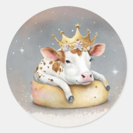 Pegatina Redonda Royal Cow Dreaming on Cheese Throne               