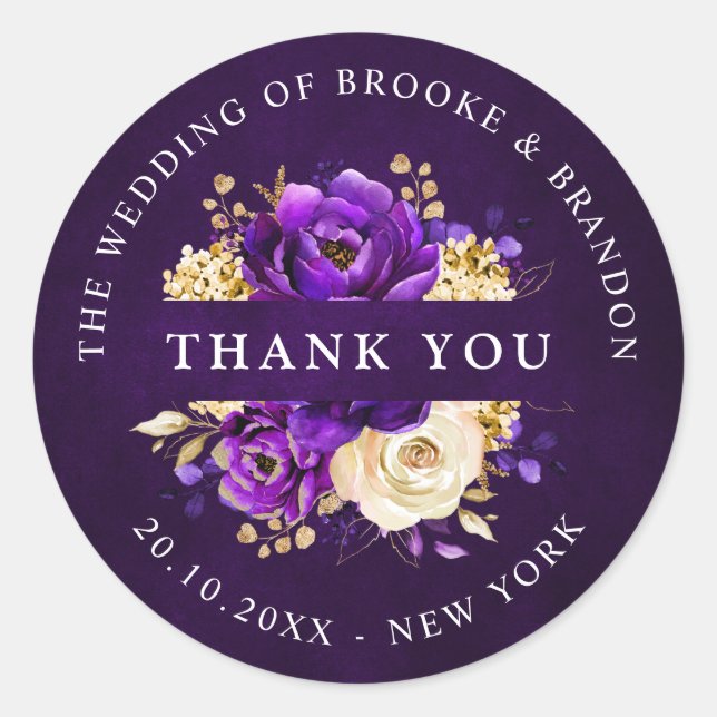 Pegatina Redonda Royal Purple Violet Gold Botanical Gracias Clas (Anverso)