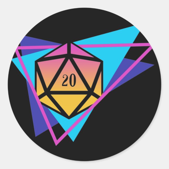 Pegatina Redonda RPG Retro 80 de mesa poliédrica D20 de dados (Anverso)