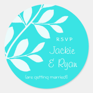 Pegatina Redonda RSVP Bodas Stickers Rama de hojas Azul