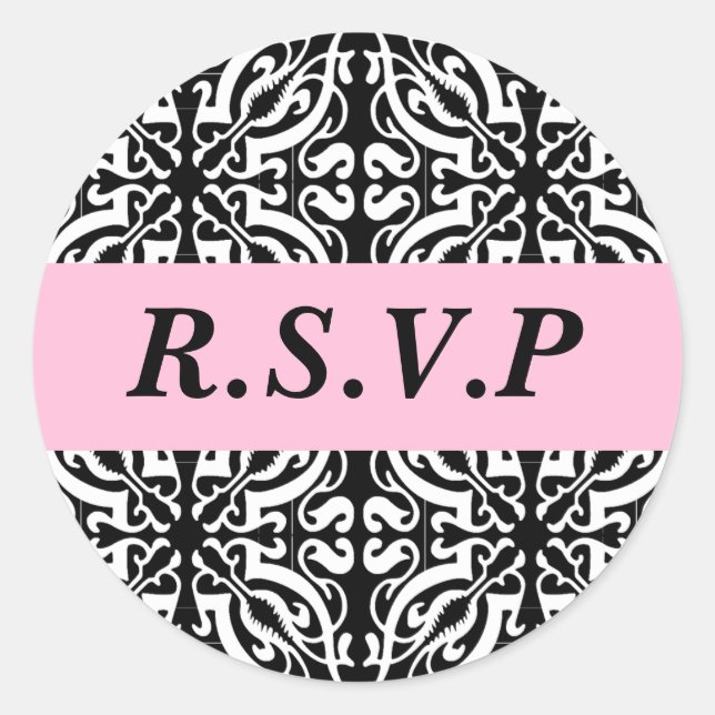 Pegatina Redonda RSVP - Personalizable (Damasco blanco y negro) (Anverso)