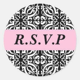 Pegatina Redonda RSVP - Personalizable (Damasco blanco y negro)
