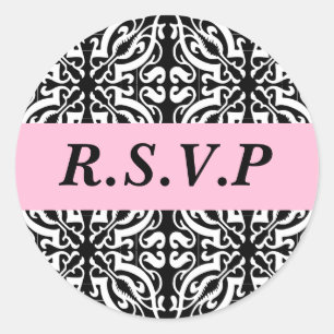 Pegatina Redonda RSVP - Personalizable (Damasco blanco y negro)