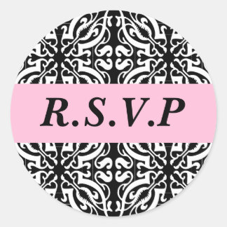 Pegatina Redonda RSVP - Personalizable (Damasco blanco y negro)