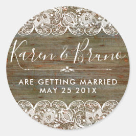Pegatina Redonda RSVP Rústica Faux Wood & White Floral Lace