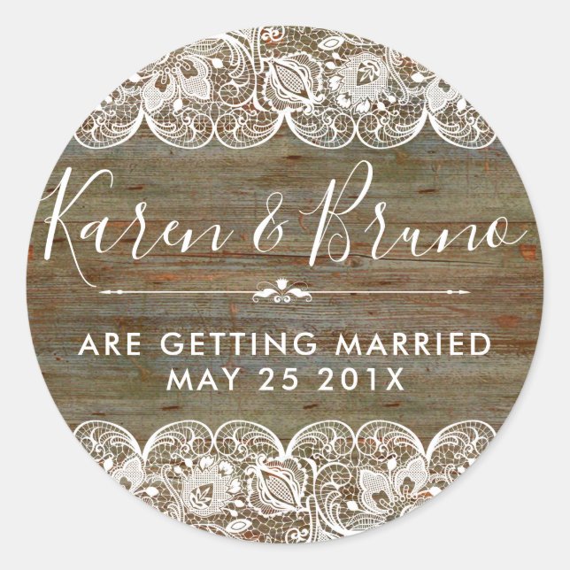 Pegatina Redonda RSVP Rústica Faux Wood & White Floral Lace (Anverso)