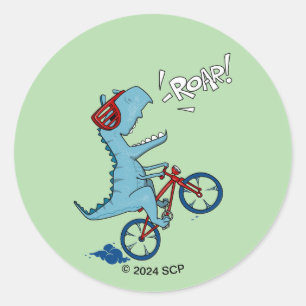 Pegatina Redonda Ruar T-Rex en bicicleta