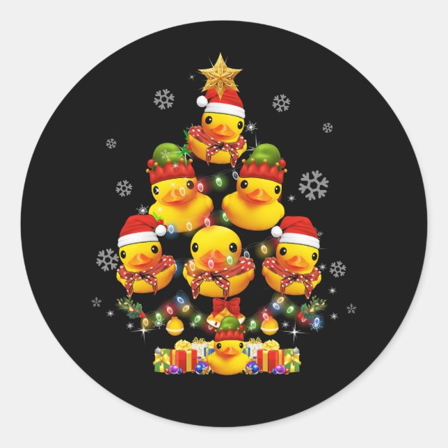Pegatina Redonda Rubber Duck Christmas Tree Xmas Light Rodeada D (Anverso)