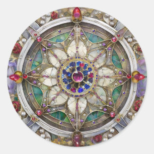 Pegatina Redonda Rubí, amatista, zafiro y mandala de perla